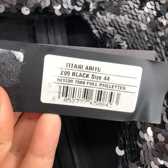 NWT PINKO Black Long Sleeve Stretch Asymmetric Hem Mini Sequin Dress Sz 12/EU 44 - Picture 10 of 16